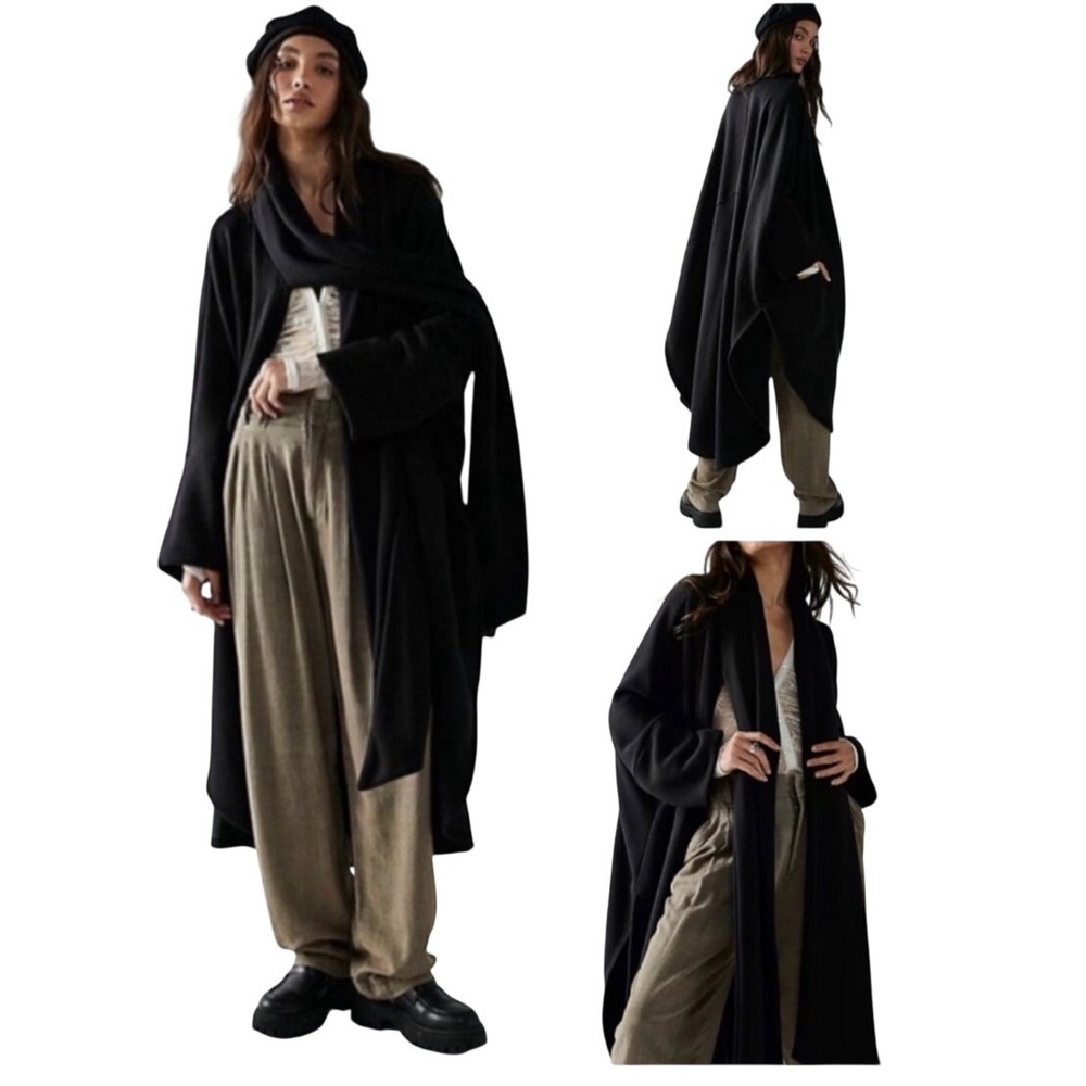 RARE Free People FP Beach In Flight Poncho XS/S Black Oversized Duster Cardigan